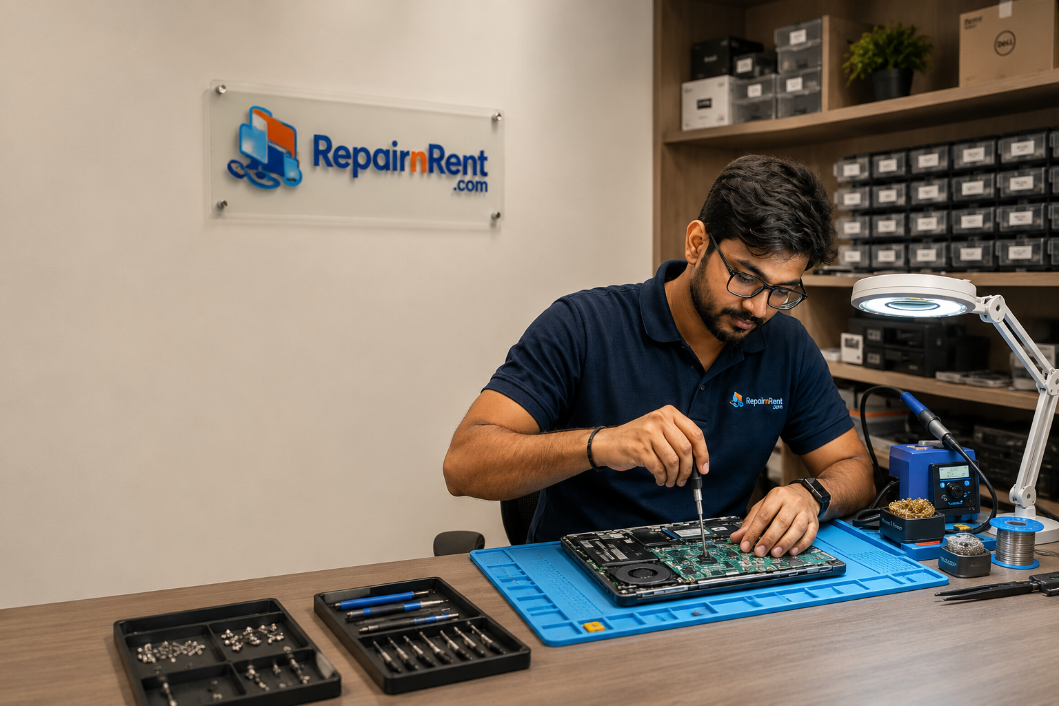 Engineer repairing a laptop